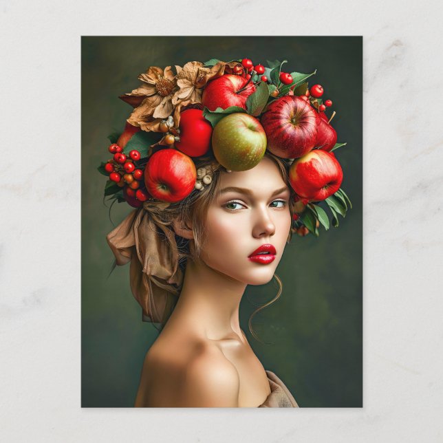 Rustic Apple and Cherry Lady Holiday Postcard (Front)