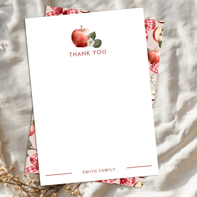 Rustic Apple Thank You Flat Note Card with Gingham (Apple themed personalized thank you card)
