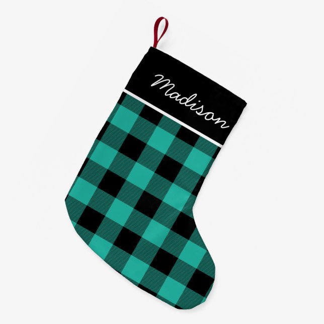 Rustic Aqua and Black Buffalo Check Monogram Small Christmas Stocking (Front (Hanging))