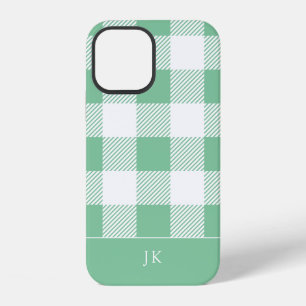 Rustic Aqua Plaid Pattern Monogram iPhone 12 Case