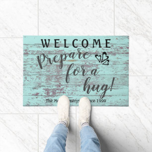 Rustic Aqua Wood & Welcome Typography Doormat