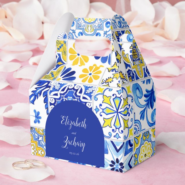 Rustic Arch Blue Yellow White Tiles Wedding Favor Box (Wedding)