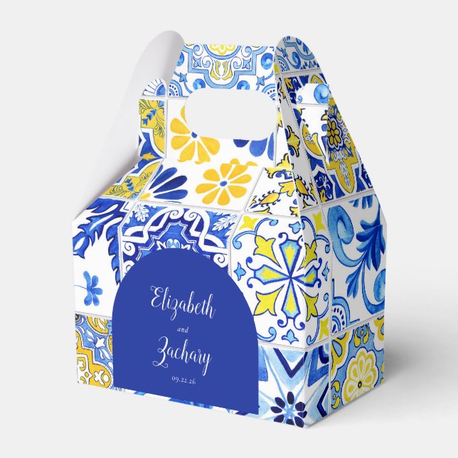 Rustic Arch Blue Yellow White Tiles Wedding Favor Box (Front Side)