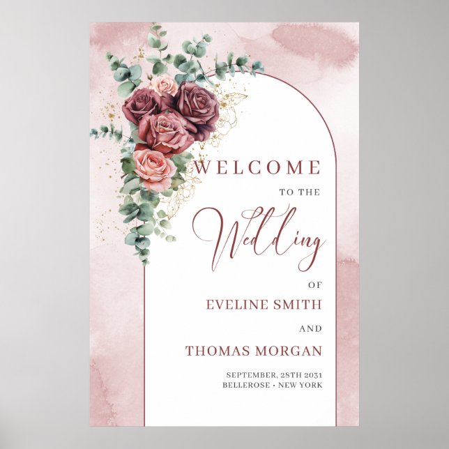 Rustic arch blush burgundy gold wedding welcome poster (Front)
