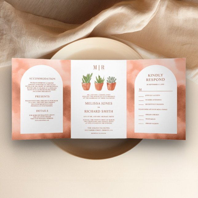 Rustic Arch Desert Cactus Terracotta Pots Wedding Tri-Fold Invitation (Creator Uploaded)