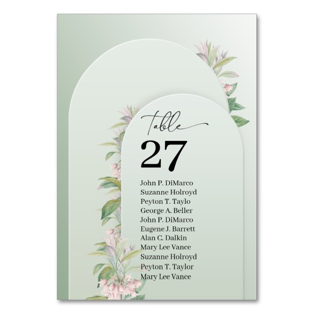 Rustic arch dusty green leaves blush floral table number (Front)