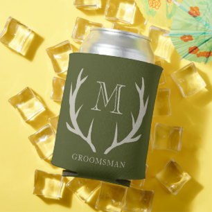 Rustic Army Green Antler Custom Groomsmen Gift Can Cooler