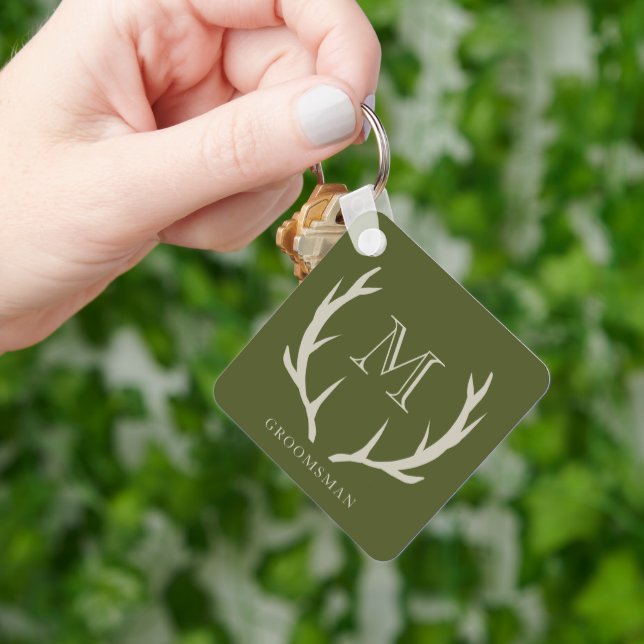 Rustic Army Green Antler Custom Groomsmen Gift Keychain (Hand)