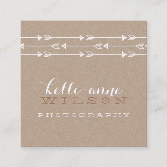 RUSTIC ARROW PATTERN cute boho white kraft Square Business Card (Front)