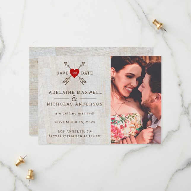 Rustic Arrows Red Heart Save The Date (Front/Back In Situ)