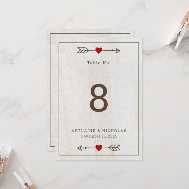 Rustic Arrows Red Heart Wedding Table Number Card (Front/Back In Situ)