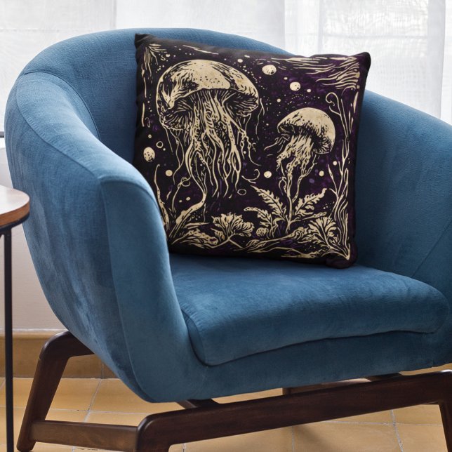 Rustic Art Nouveau Violet Jellyfish Underwater Throw Pillow (Creator Uploaded)