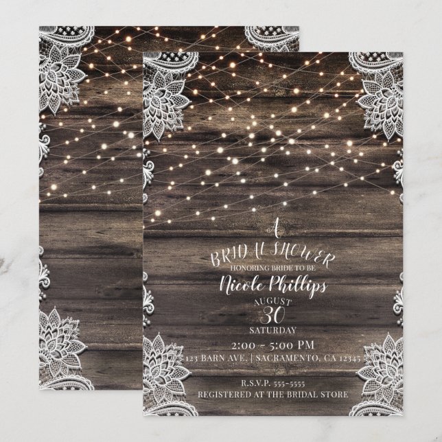 Rustic Ash Brown Wood Lace & Lights Bridal Shower Invitation (Front/Back)
