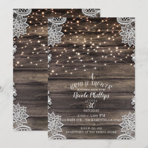 Rustic Ash Brown Wood Lace & Lights Bridal Shower Invitation