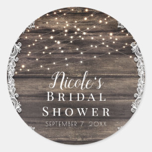 Rustic Ash Brown Wood Lace & Lights Wedding Bridal Classic Round Sticker