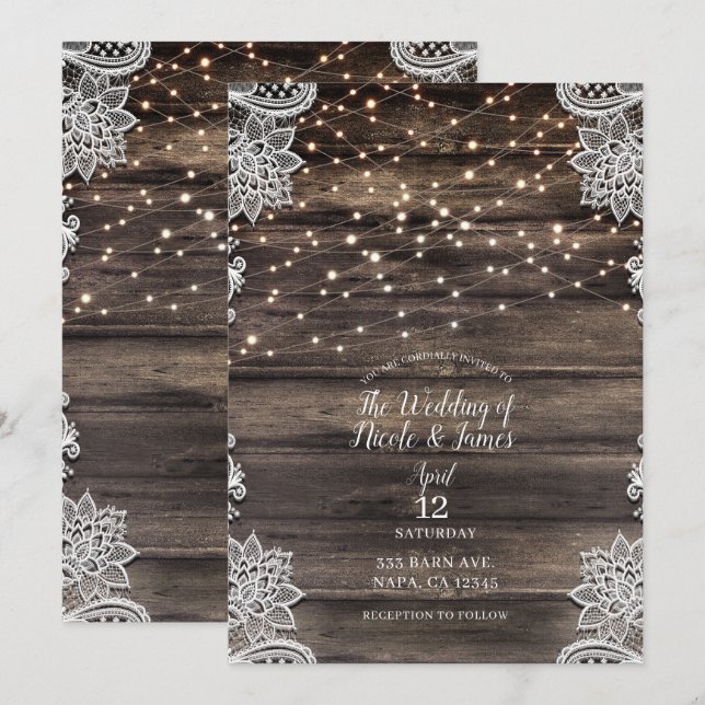 Rustic Ash Brown Wood Lace String Lights Wedding Invitation (Front/Back)
