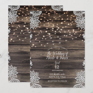 Rustic Ash Brown Wood Lace String Lights Wedding Invitation