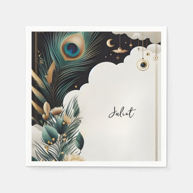 Rustic Asian Sky Cloud Peacock Bridal Shower Napkin (Front)