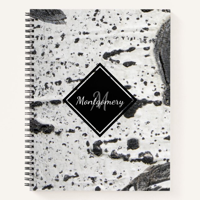 Rustic Aspen Bark Texture Custom Monogram Name Notebook (Front)