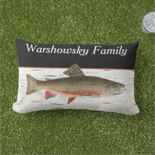 . Rustic Aspen Bark Trout fisherman  Brushed Polye Lumbar Pillow