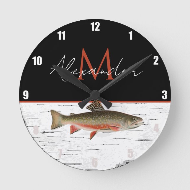  Rustic Aspen Bark Trout  Fisherman Lake House  Round Clock (Front)