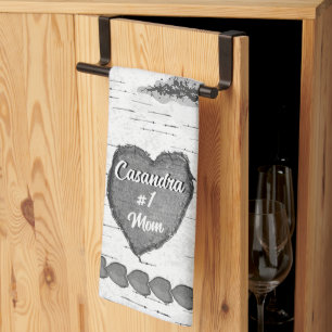 Rustic Aspen Bark Wood Carved Heart #1 Mom Name  Kitchen Towel