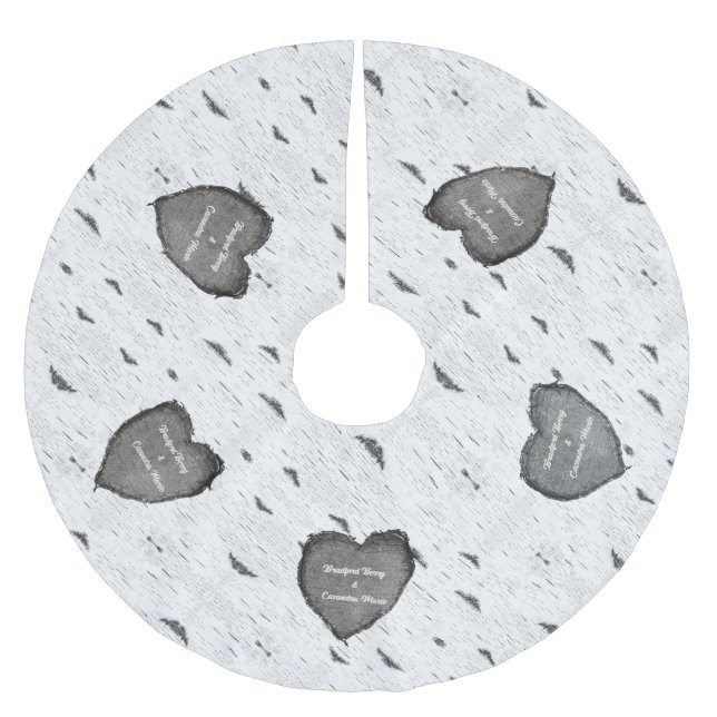 Rustic Aspen Bark Wood Carved Hearts couples names Brushed Polyester Tree Skirt (Front)
