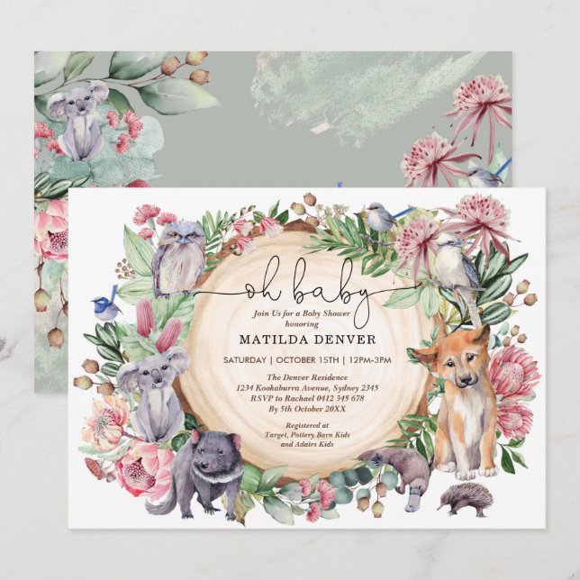Rustic Australia Native Animals Floral Baby Shower Invitation (Front/Back)