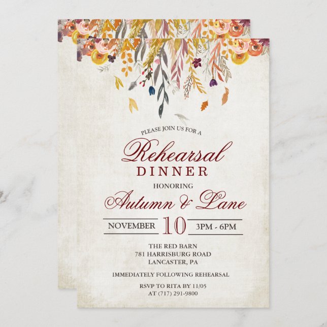 Rustic Automne Répétition Dîner Invitation (Devant / Derrière)