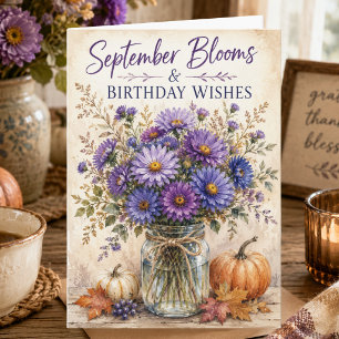 Rustic Autumn Aster Flowers September Birthday Card