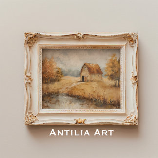 Rustic Autumn Barn Painting Vintage Pond Landscape Poster