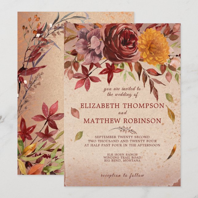 Rustic Autumn Bloom Burgundy Blush Fall Wedding  Invitation (Front/Back)