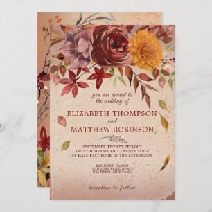 Rustic Autumn Bloom Burgundy Blush Fall Wedding Invitation