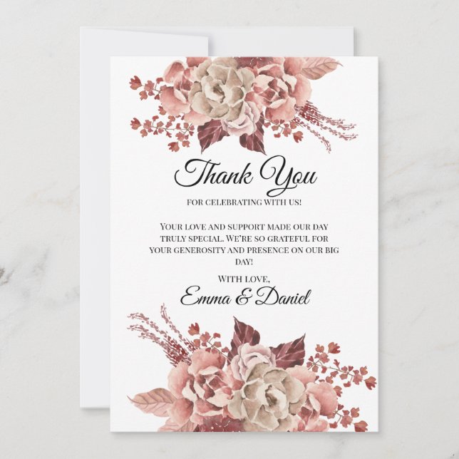 Rustic Autumn Blooms Watercolor Thank You Card (Front)