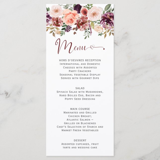 Rustic Autumn Boho Watercolor Floral Heart Script Menu (Front)