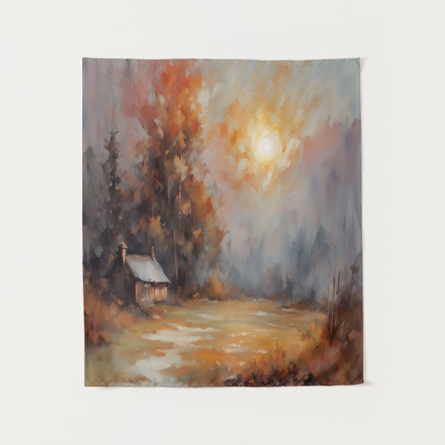 Rustic Autumn Cabin Landscape Fall Art Tapestry (Front)