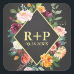 Rustic Autumn Chalkboard Floral Wedding Square Sticker<br><div class="desc">This lovely autumn themed rustic sticker is designed with the bride and groom's initials and wedding date surrounded by a diamond-shaped frame. Lovely watercolor flowers surround the frame in hues of burgundy, pink, orange, salmon and white with greenery accents. The text may be edited as you wish and this sticker...</div>