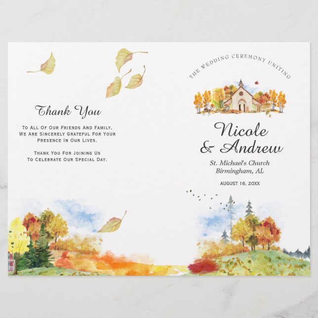 Rustic Autumn Chapel Wedding Programme (Devant)