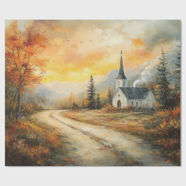Rustic Autumn Church Watercolor Painting Decoupage Wrapping Paper (Flat)