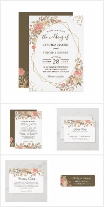 Rustic Autumn Coral Beige Floral Invitation Suite