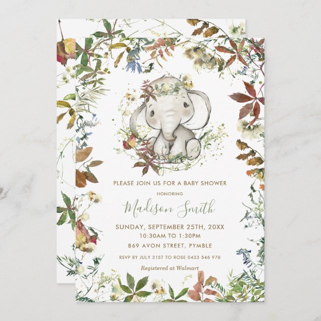 Rustic Autumn Elephant Gender Neutral Baby Shower Invitation (Front/Back)