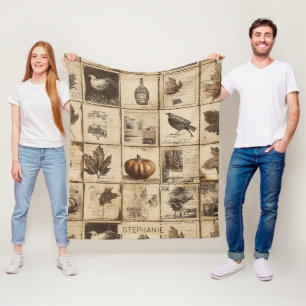Rustic Autumn Ephemera Collage Warm Earthy (2) Fleece Blanket