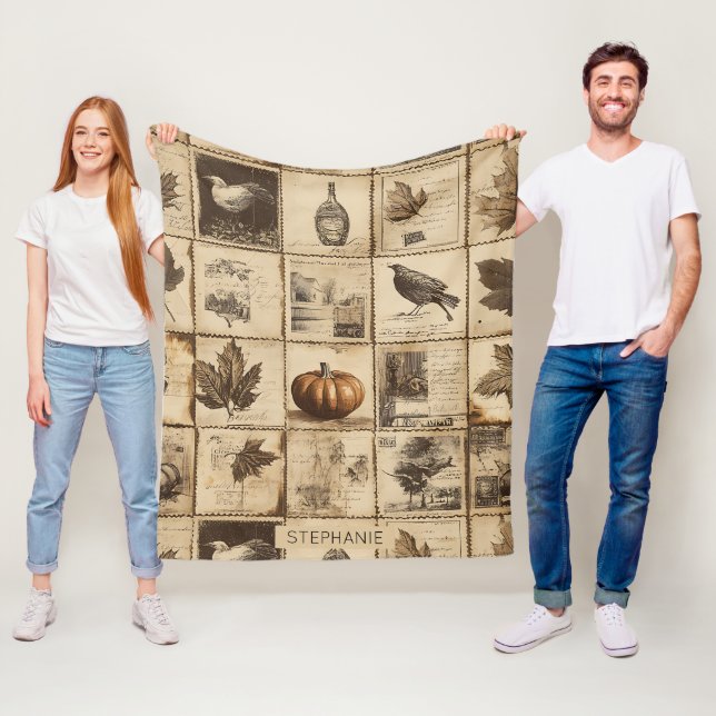 Rustic Autumn Ephemera Collage | Warm Earthy (2) Fleece Blanket (In Situ)