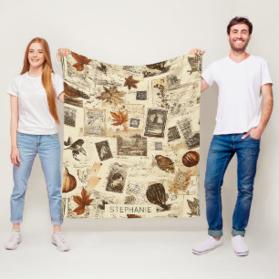 Rustic Autumn Ephemera Collage Warm Earthy Fleece Blanket