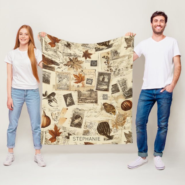 Rustic Autumn Ephemera Collage | Warm Earthy Fleece Blanket (In Situ)