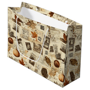 Rustic Autumn Ephemera Collage Warm Earthy Large Gift Bag