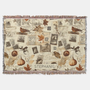 Rustic Autumn Ephemera Collage   Warm Earthy Throw Blanket