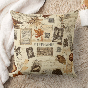 Rustic Autumn Ephemera Collage   Warm Earthy Throw Pillow
