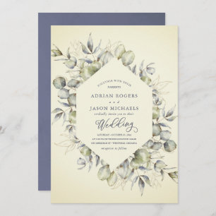 Rustic Autumn Eucalyptus With Blue Wash Frame Invitation