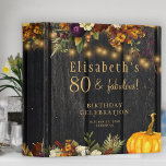 Rustic autumn fall any age personalized birthday binder<br><div class="desc">Beautiful rusty orange and dark burgundy autumn fall flowers and wateercolor pumpkin borders with strings of golden twinkle lights over a dark brown barn wood background making a charming elegant 21st, 30th, 40th, 50th, 60th, 70th, 75th, 80th, 90th, 100yh or any other age years birthday binder keepsake album gift with...</div>